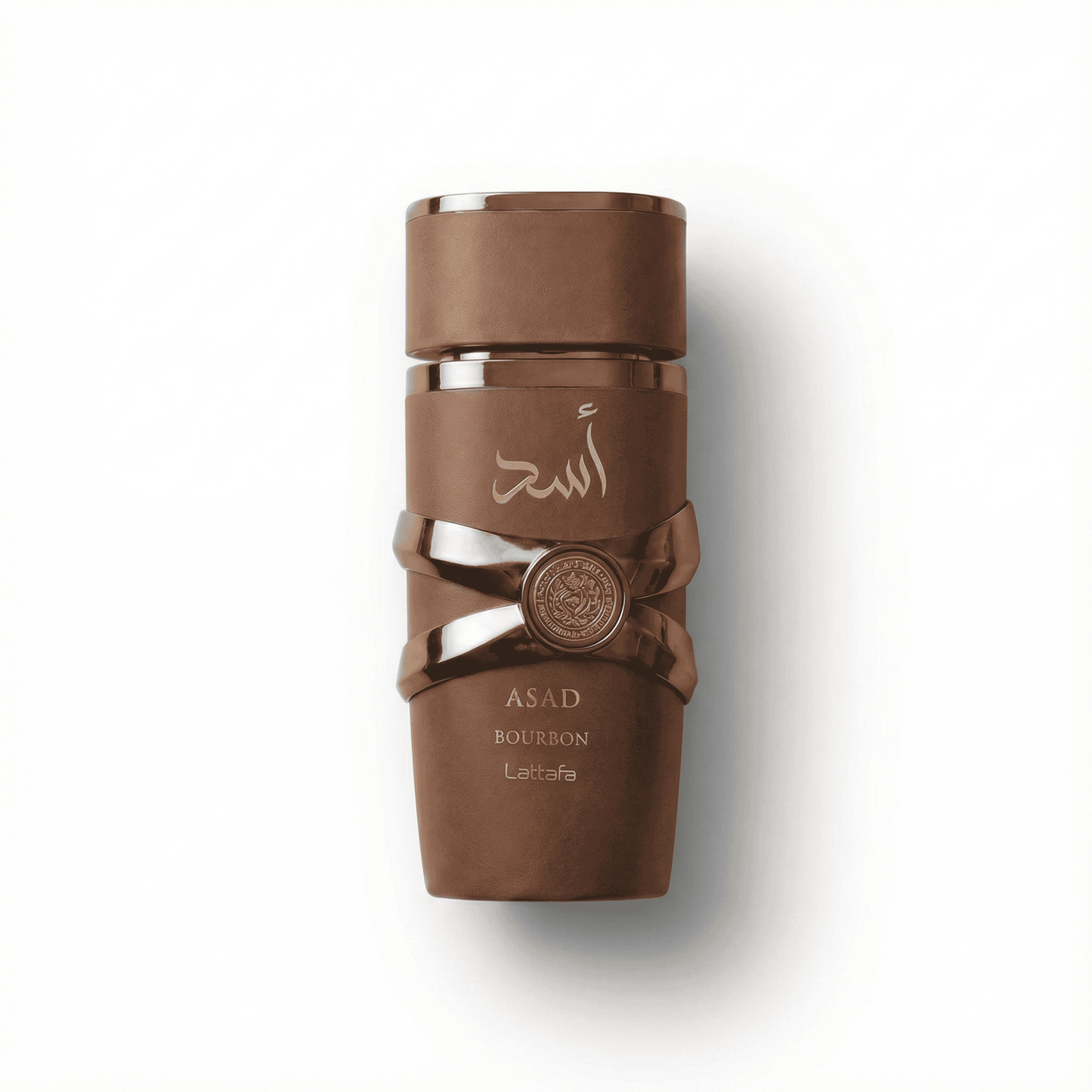 Bottle of Lattafa Asad Bourbon EDP fragrance on a white background with soft shadow