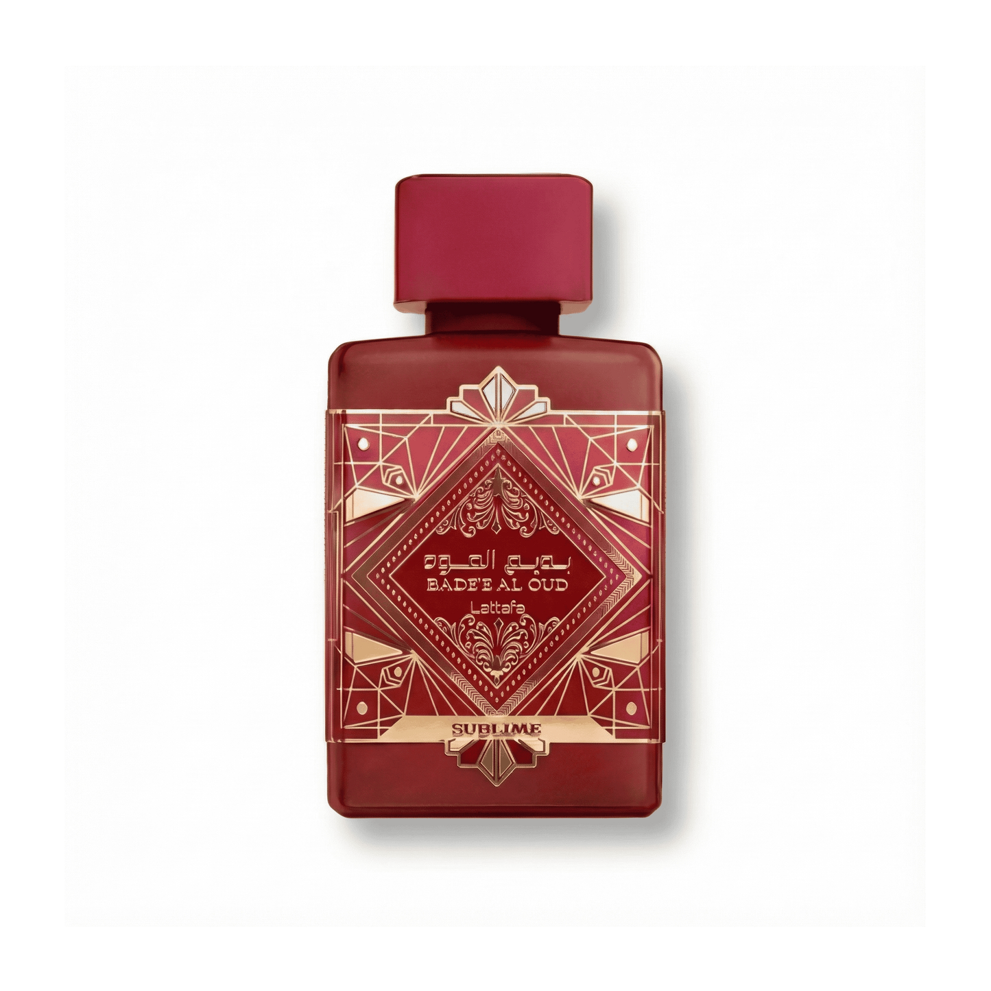 Bottle of Lattafa Badee Al Oud Sublime EDP fragrance on a white background with soft shadow
