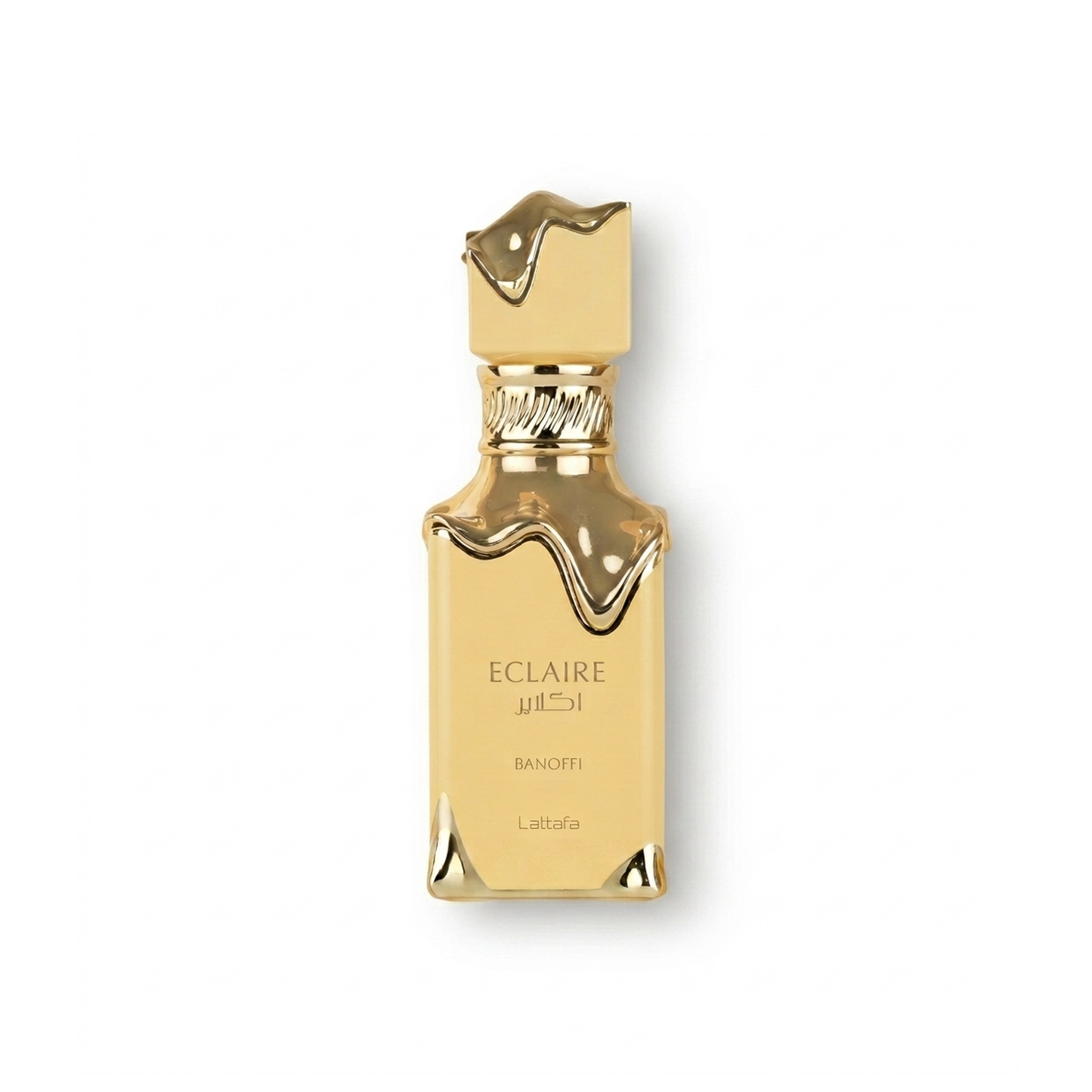 Bottle of Lattafa Eclaire Banoffi EDP fragrance on a white background with soft shadow