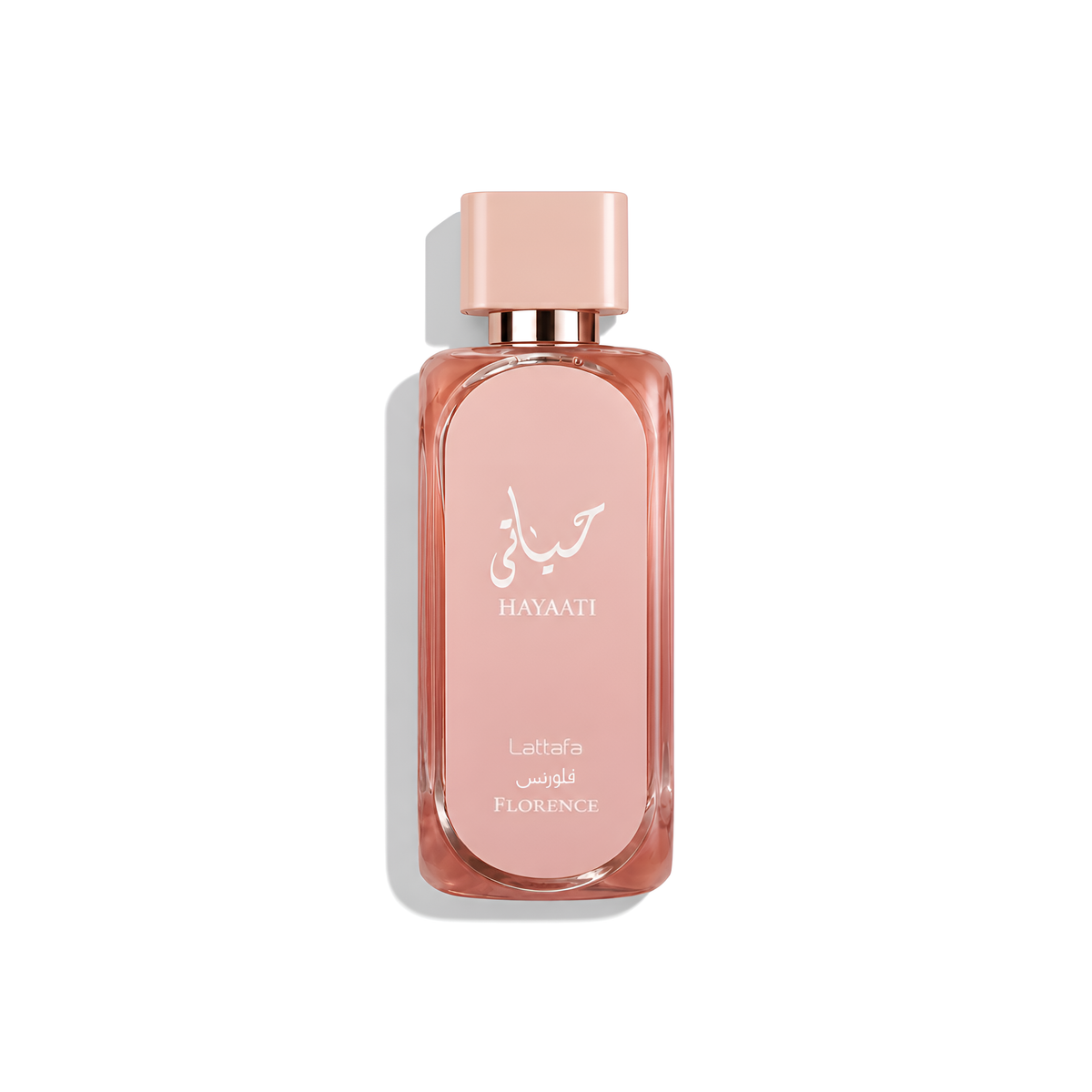 Bottle of Lattafa Hayaati Florence EDP fragrance on a white background with soft shadow