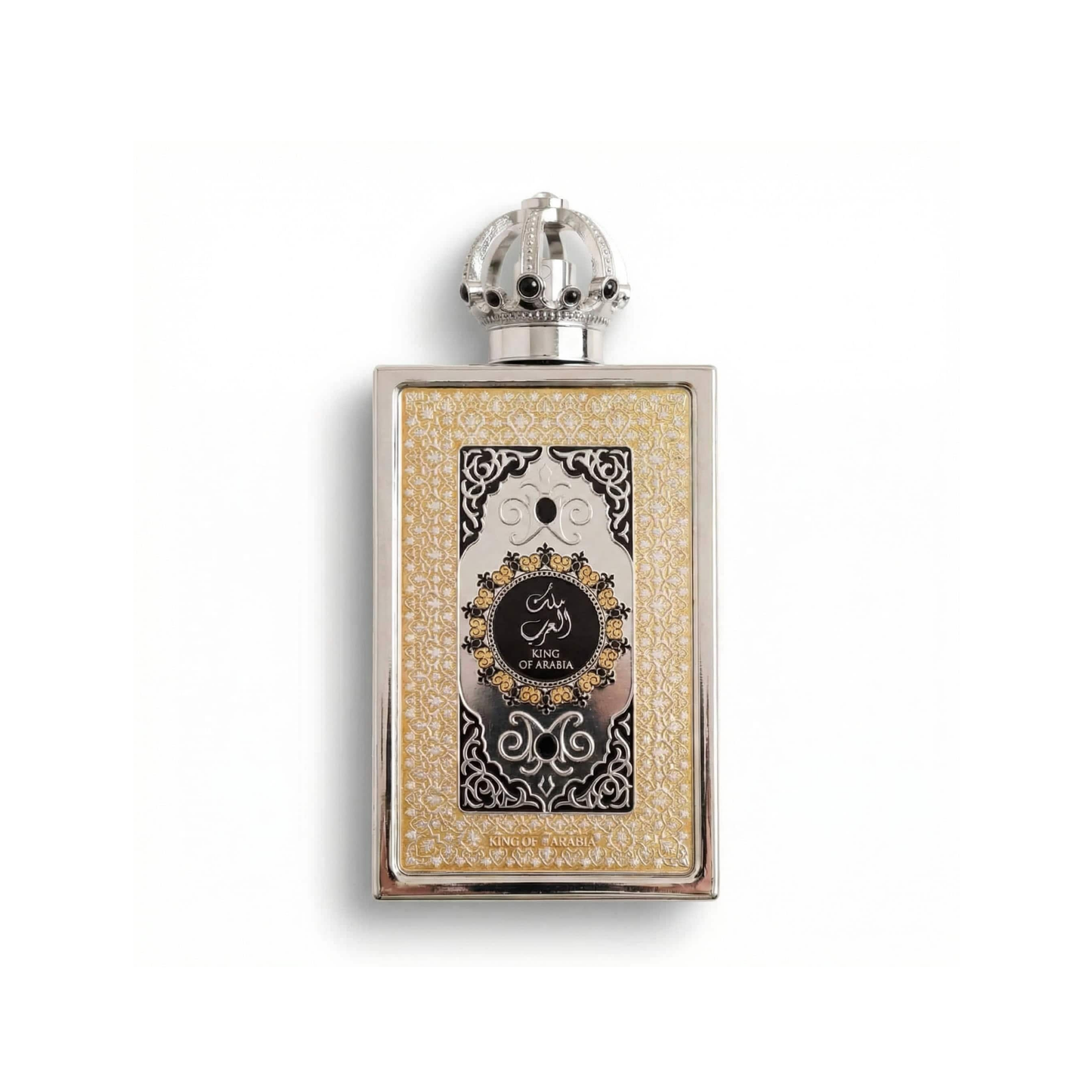 Bottle of Lattafa King of Arabia EDP fragrance on a white background with soft shadow