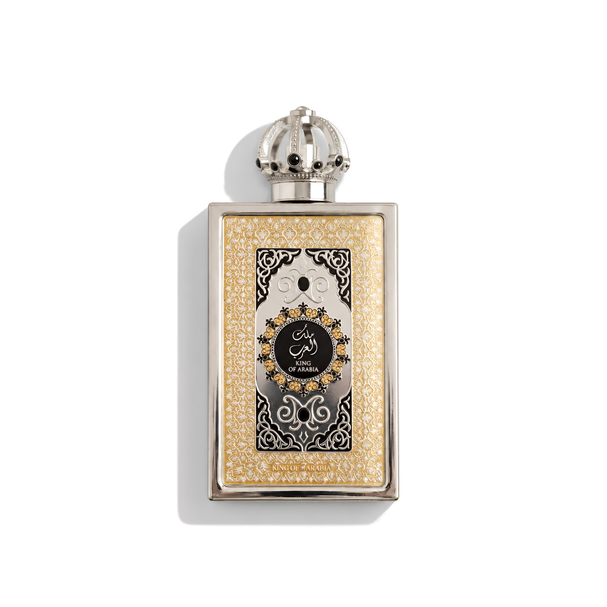 Bottle of Lattafa King of Arabia EDP fragrance on a white background with soft shadow