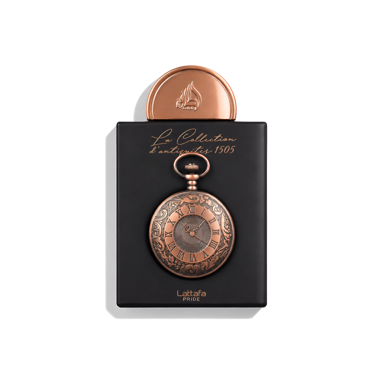 Bottle of Lattafa La Collection d'antiquites 1505 EDP fragrance on a white background with soft shadow