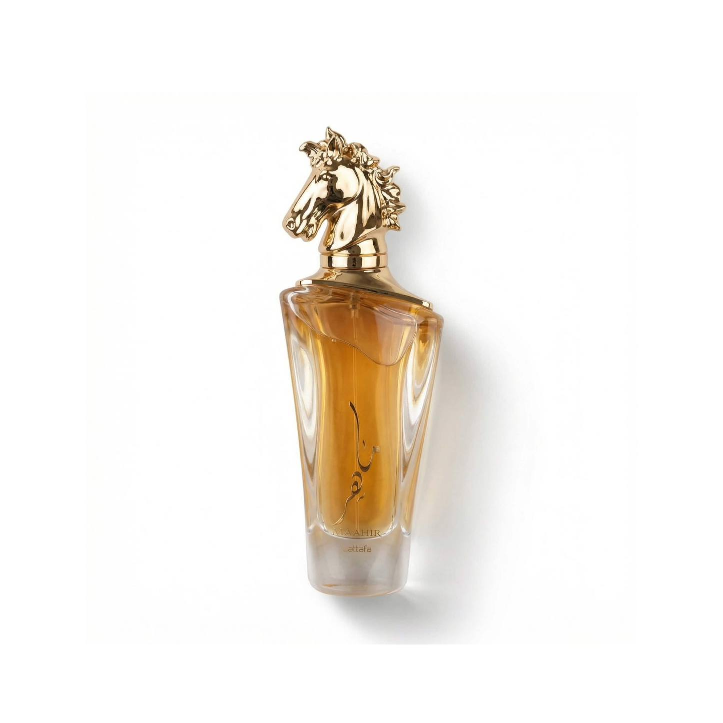 Bottle of Lattafa Maahir EDP fragrance on a white background with soft shadow