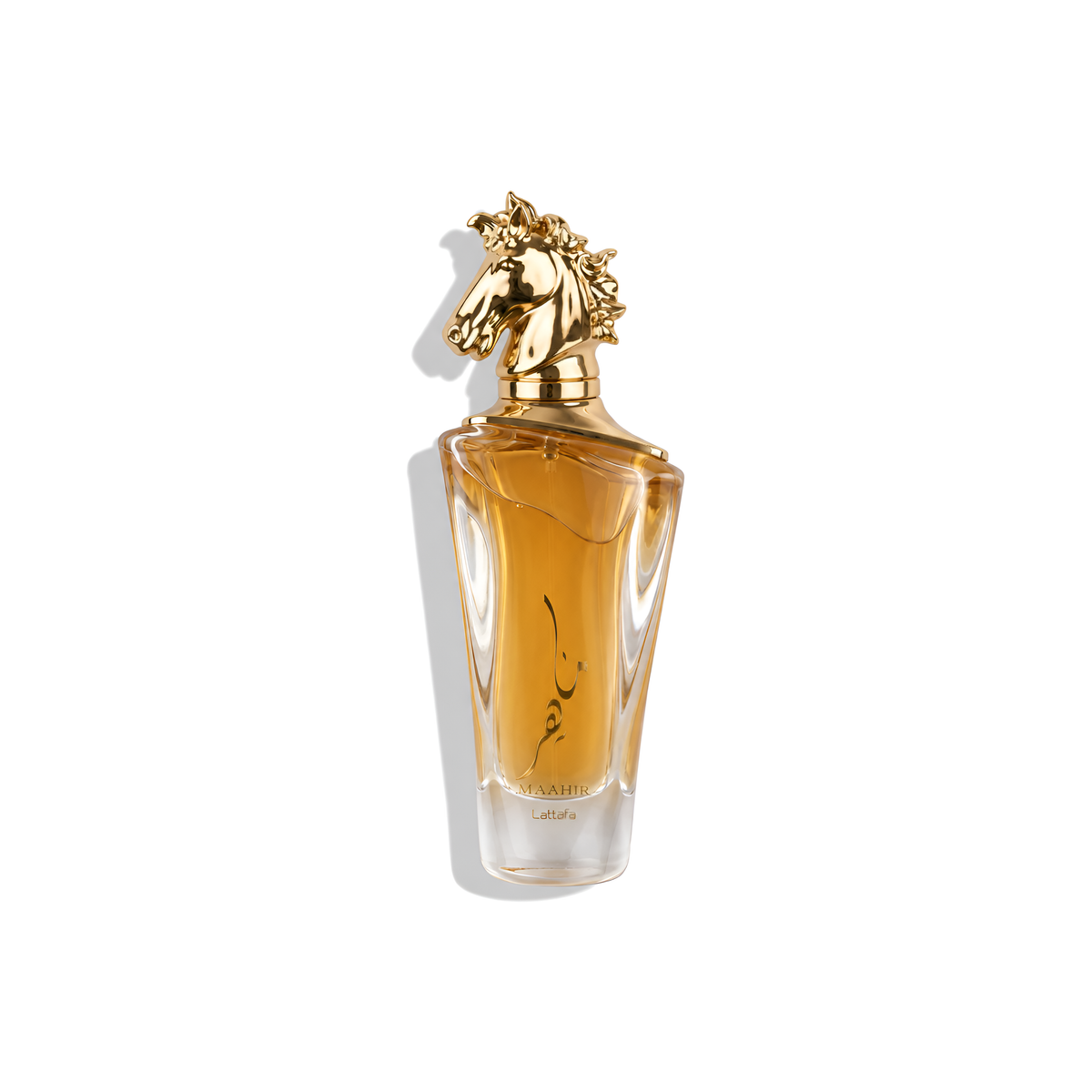 Bottle of Lattafa Maahir EDP fragrance on a white background with soft shadow
