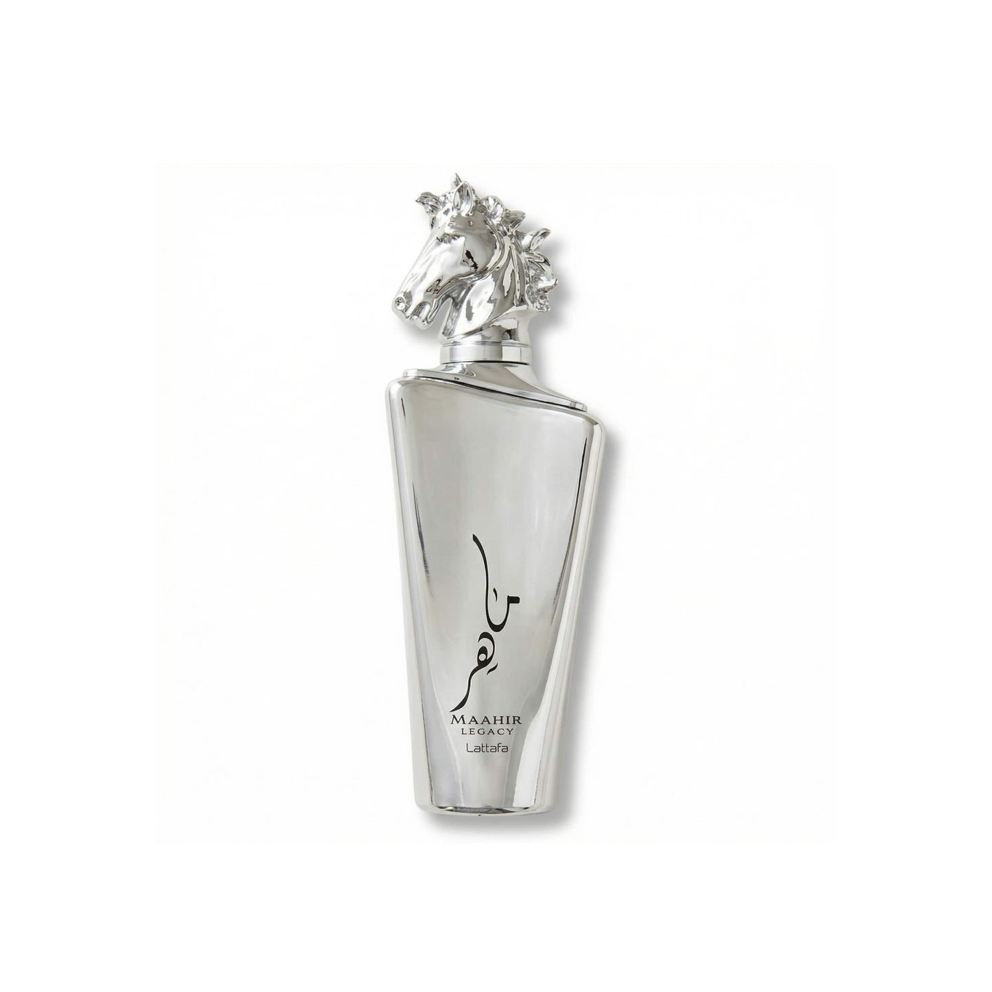 Bottle of Lattafa Maahir Legacy EDP fragrance on a white background with soft shadow