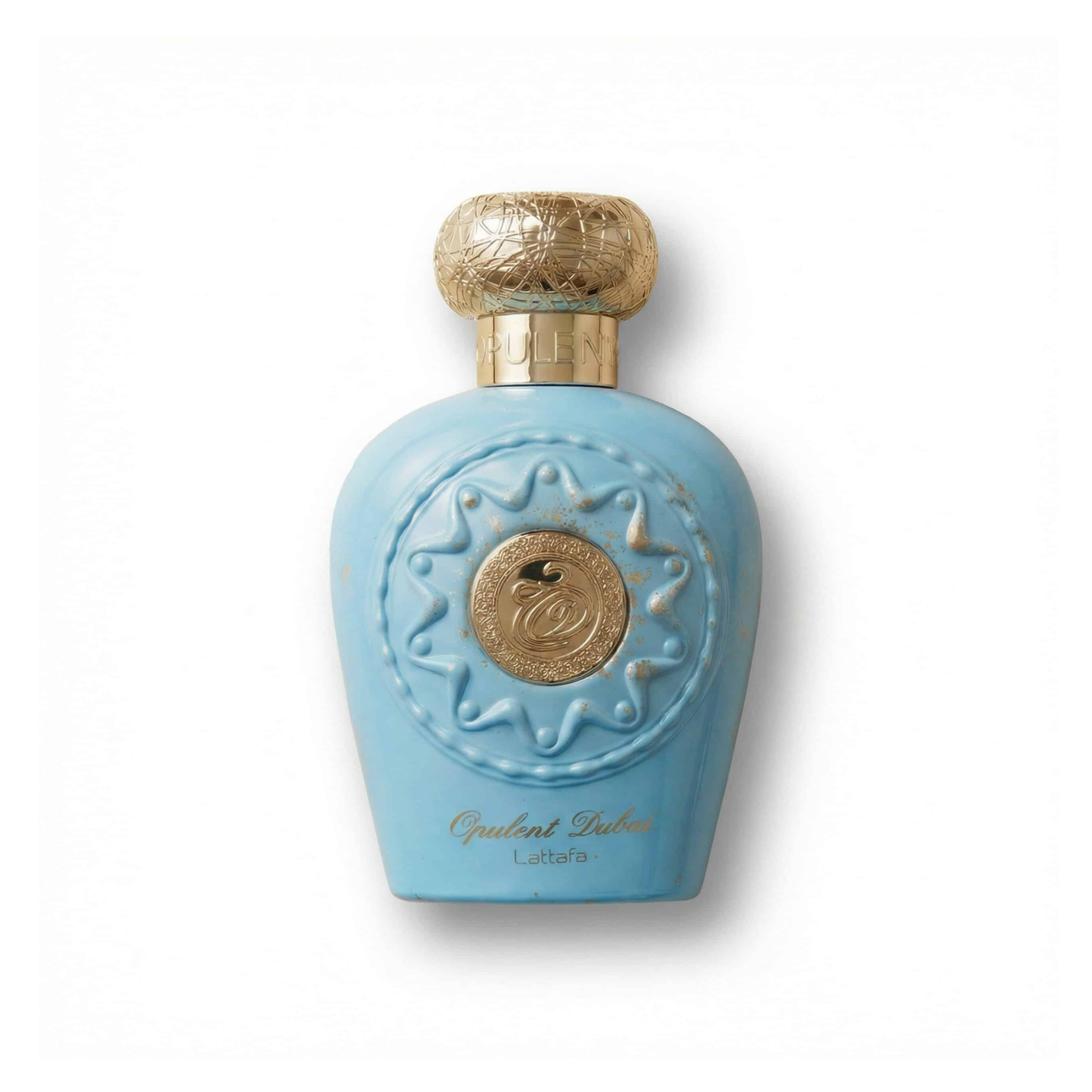 Bottle of Lattafa Opulent Dubai EDP fragrance on a white background with soft shadow