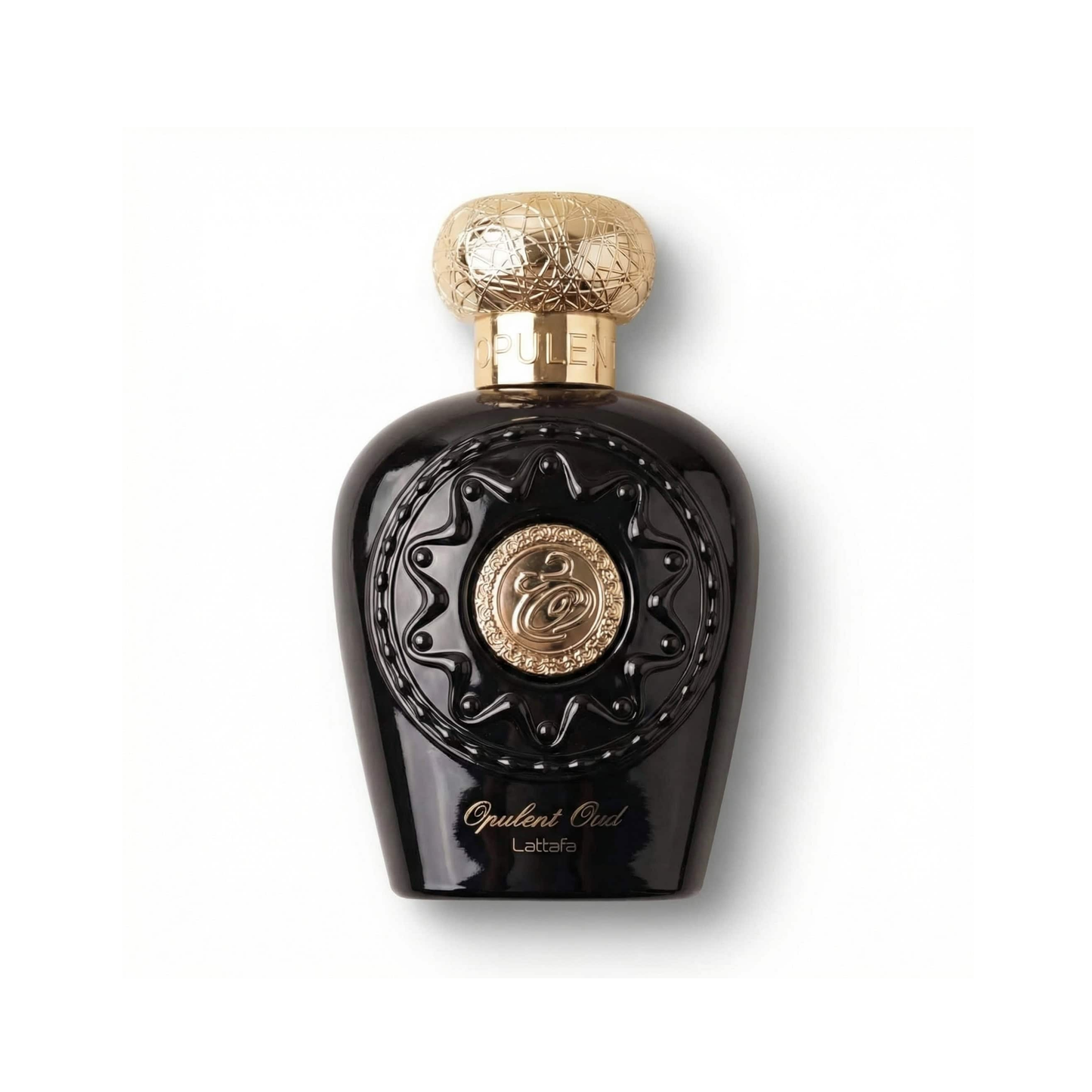 Bottle of Lattafa Opulent Oud EDP fragrance on a white background with soft shadow