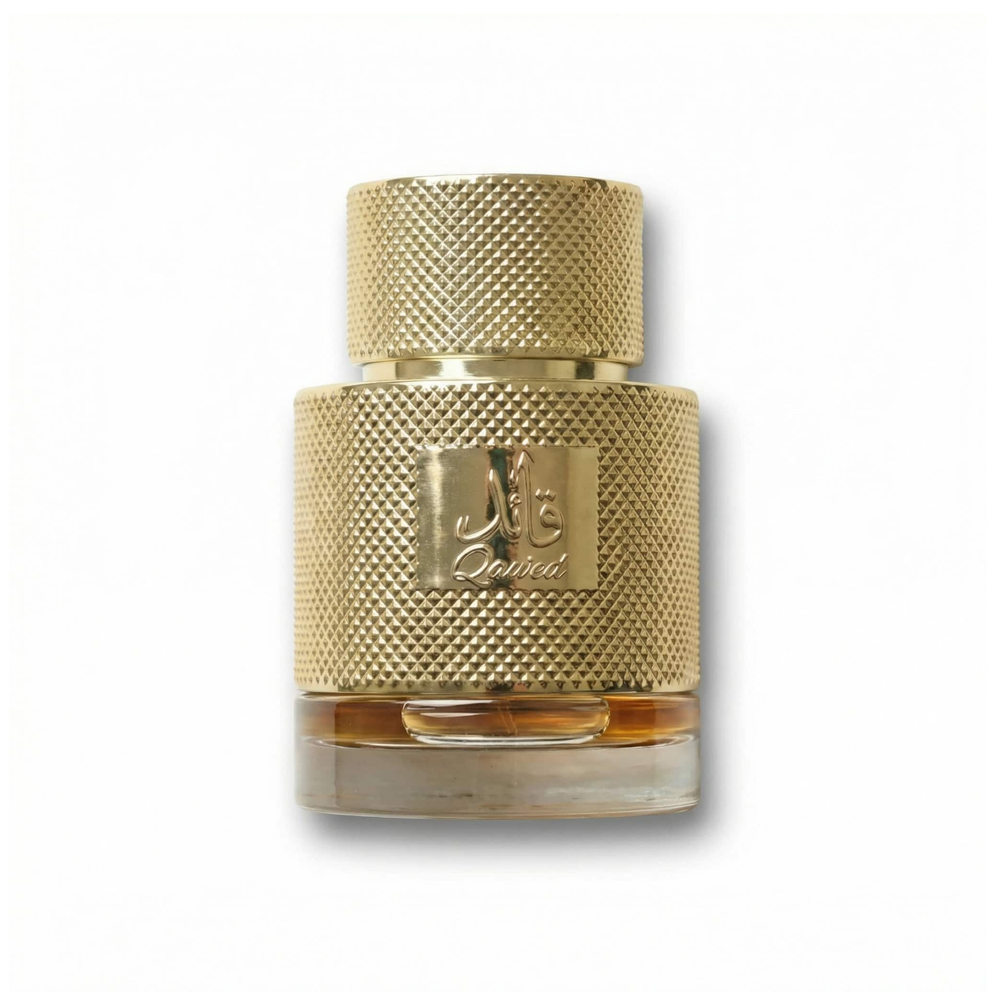 Bottle of Lattafa Qaa'ed EDP fragrance on a white background with soft shadow