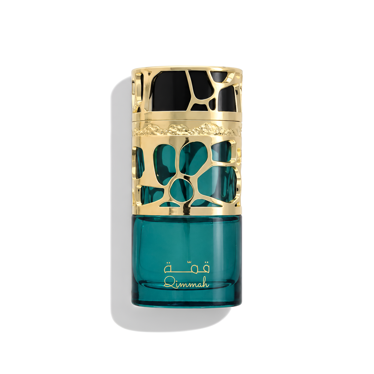 Bottle of Lattafa Qimmah For Women EDP fragrance on a white background with soft shadow