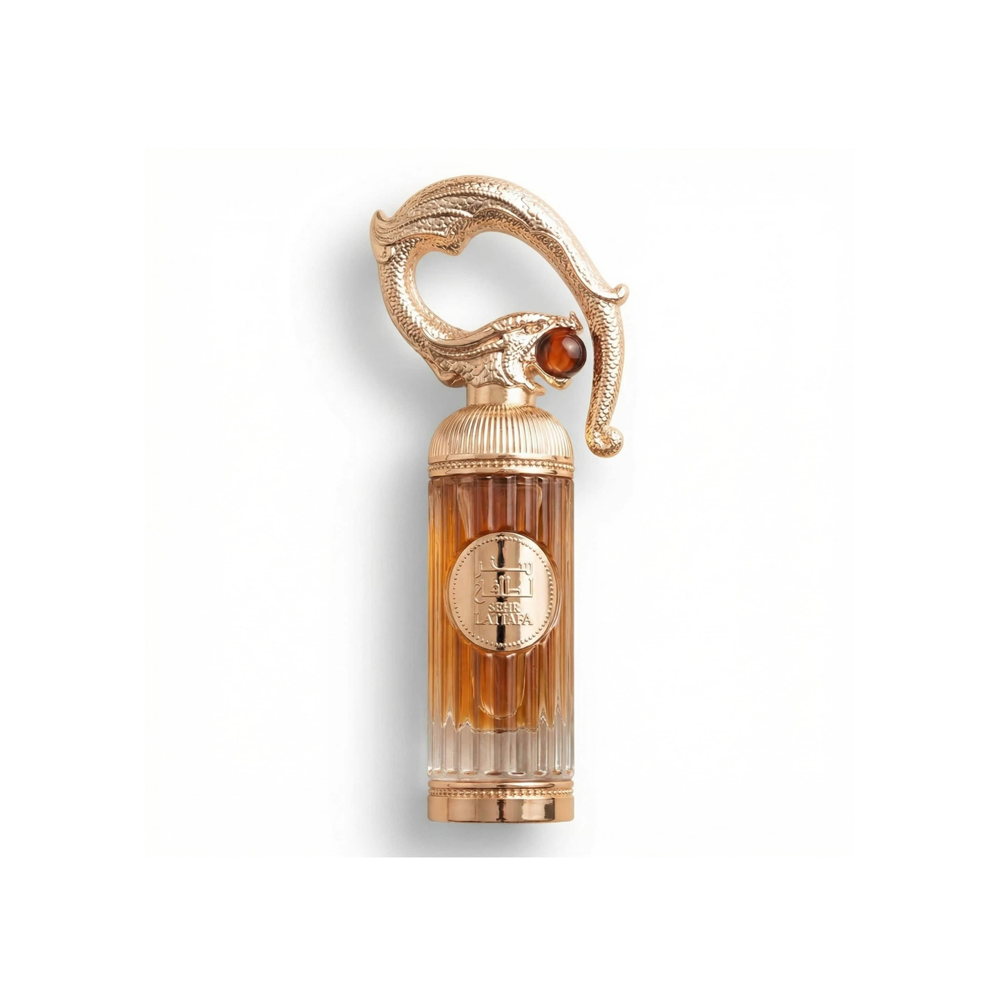 Bottle of Lattafa Sehr EDP fragrance on a white background with soft shadow