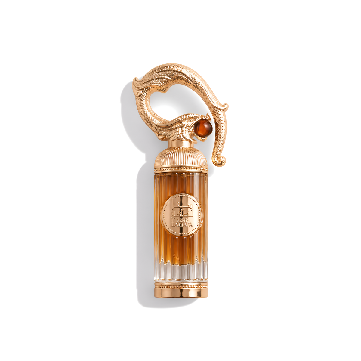 Bottle of Lattafa Sehr EDP fragrance on a white background with soft shadow