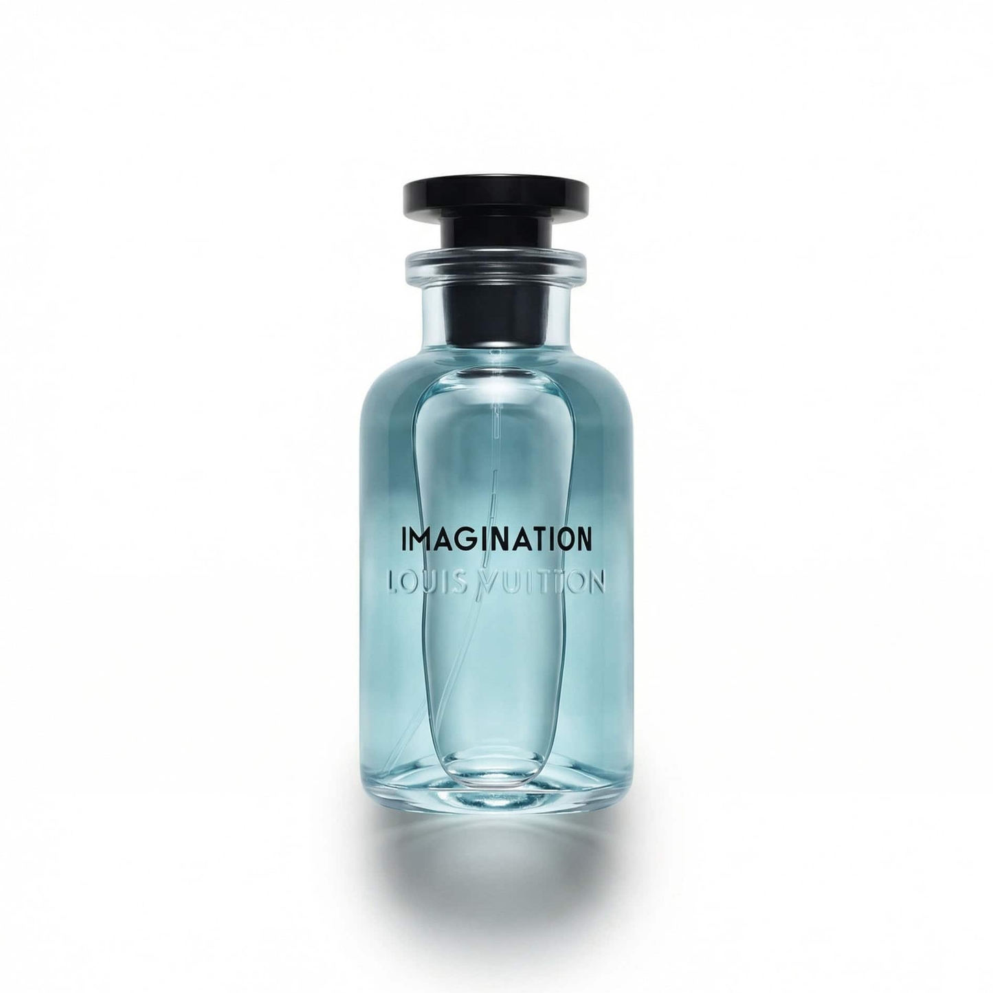 Bottle of Louis Vuitton Imagination Cologne fragrance on a white background with soft shadow
