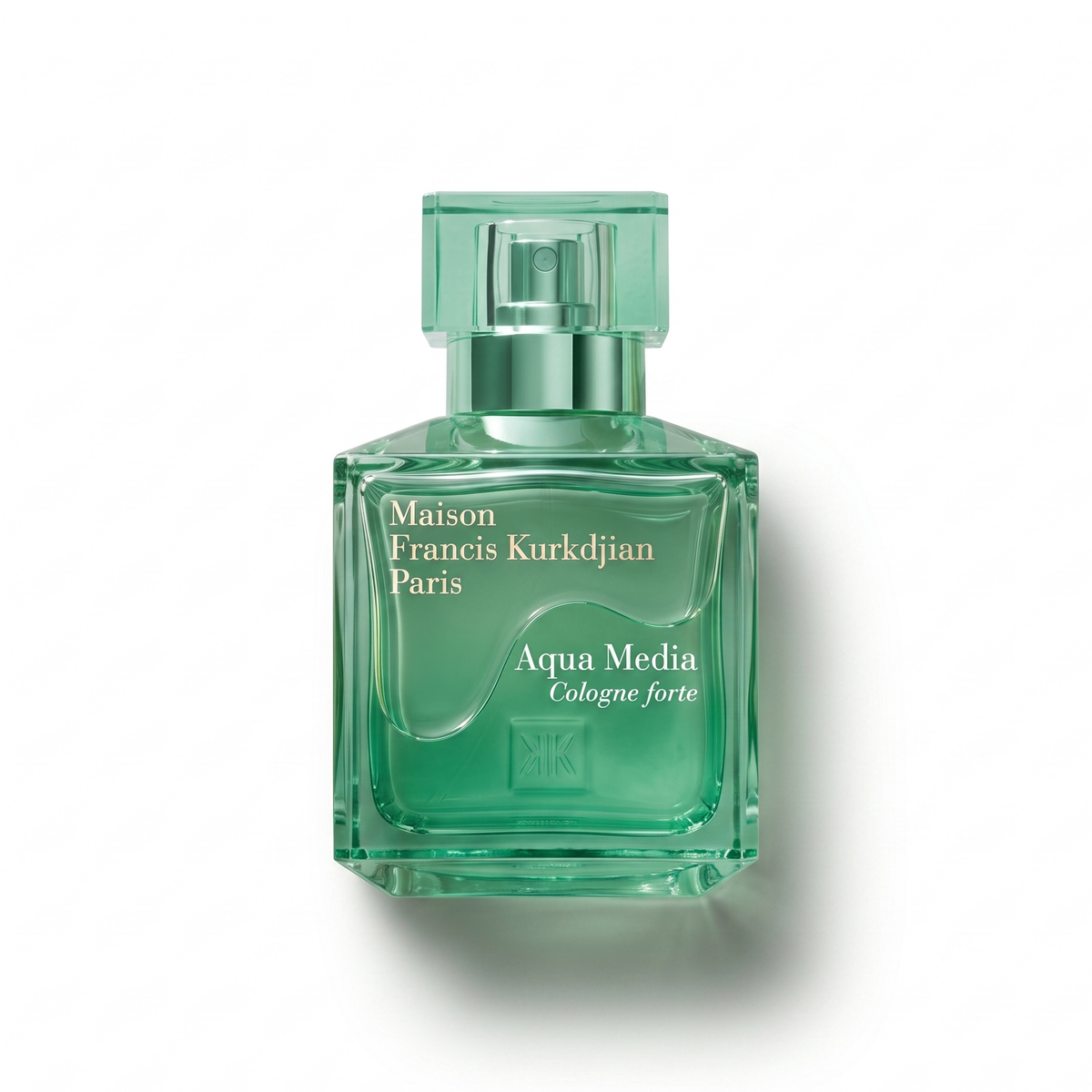 Bottle of MFK Aqua Media Cologne Forte fragrance on a white background with soft shadow