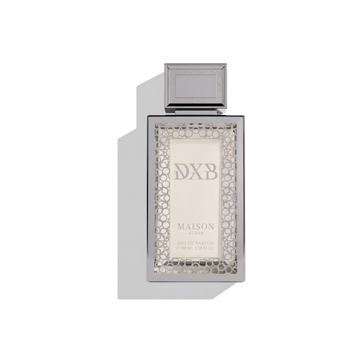 Bottle of Maison Asrar DXB EDP fragrance on a white background with soft shadow