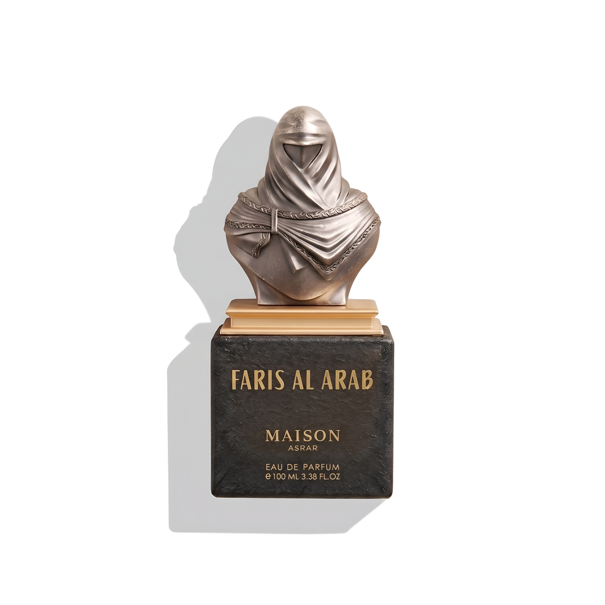 Bottle of Maison Asrar Faris Al Arab EDP fragrance on a white background with soft shadow