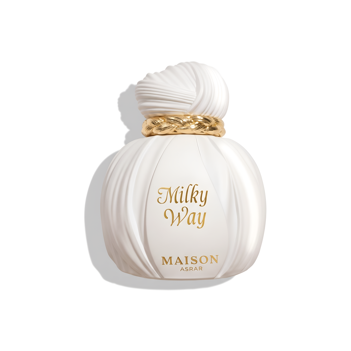 Bottle of Maison Asrar Milky Way EDP fragrance on a white background with soft shadow