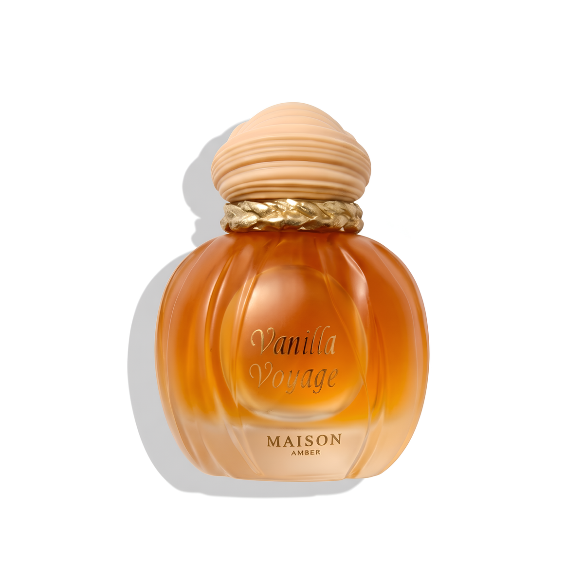 Bottle of Maison Asrar Vanilla Voyage EDP fragrance on a white background with soft shadow