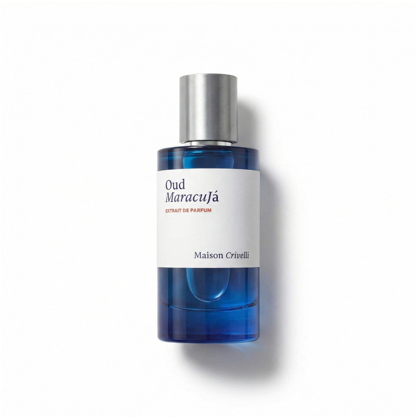 Bottle of Maison Crivelli Oud Maracuja Parfum fragrance on a white background with soft shadow