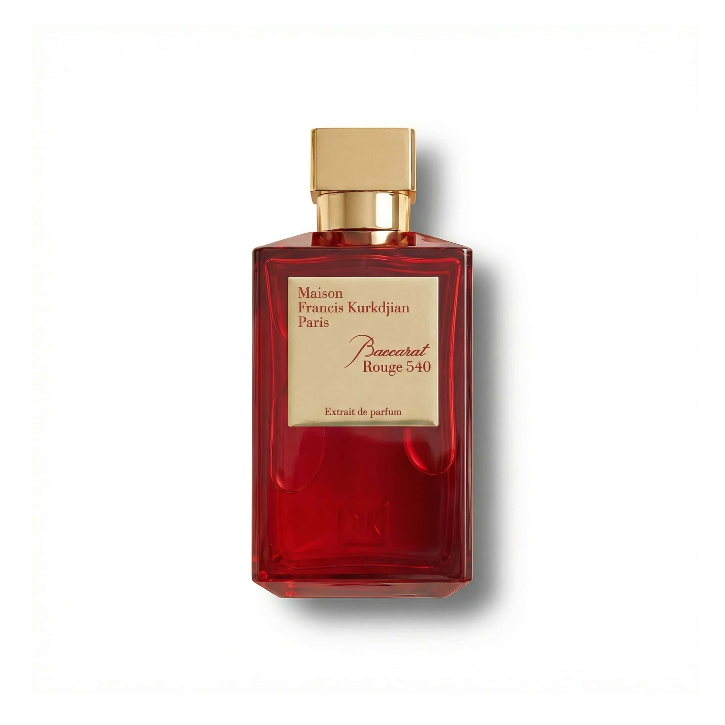 Bottle of Maison Francis Kourkdijan Baccarat Rouge 540 Extrait Parfum fragrance on a white background with soft shadow