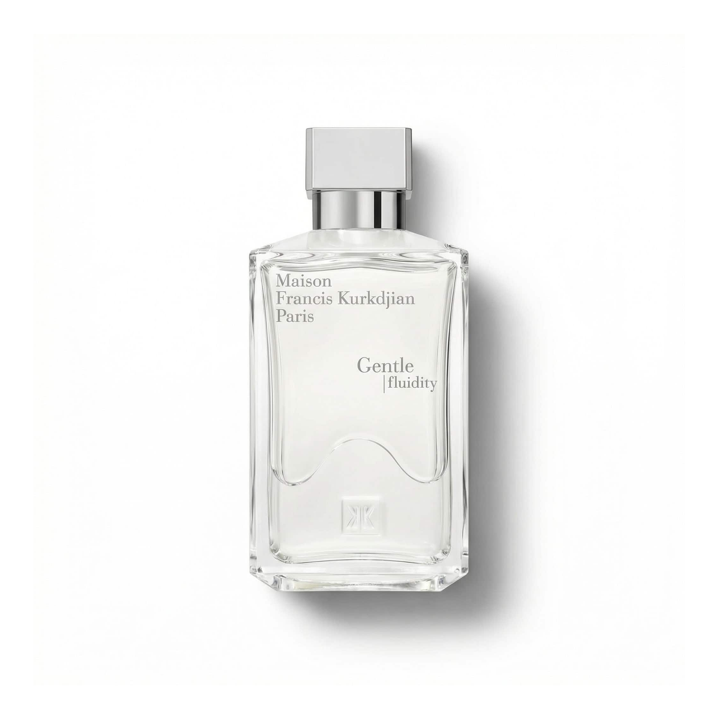 Bottle of Maison Francis Kourkdijan Gentle Fluidity Silver EDP fragrance on a white background with soft shadow