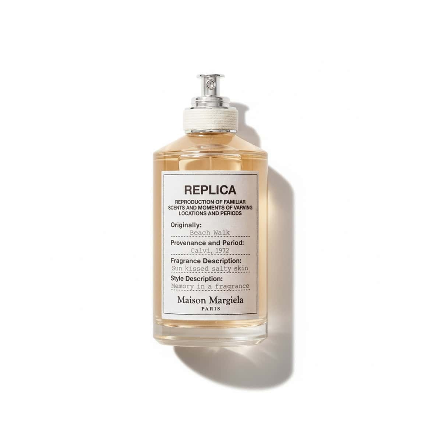 Bottle of Maison Martin Margiela Beach Walk EDT fragrance on a white background with soft shadow
