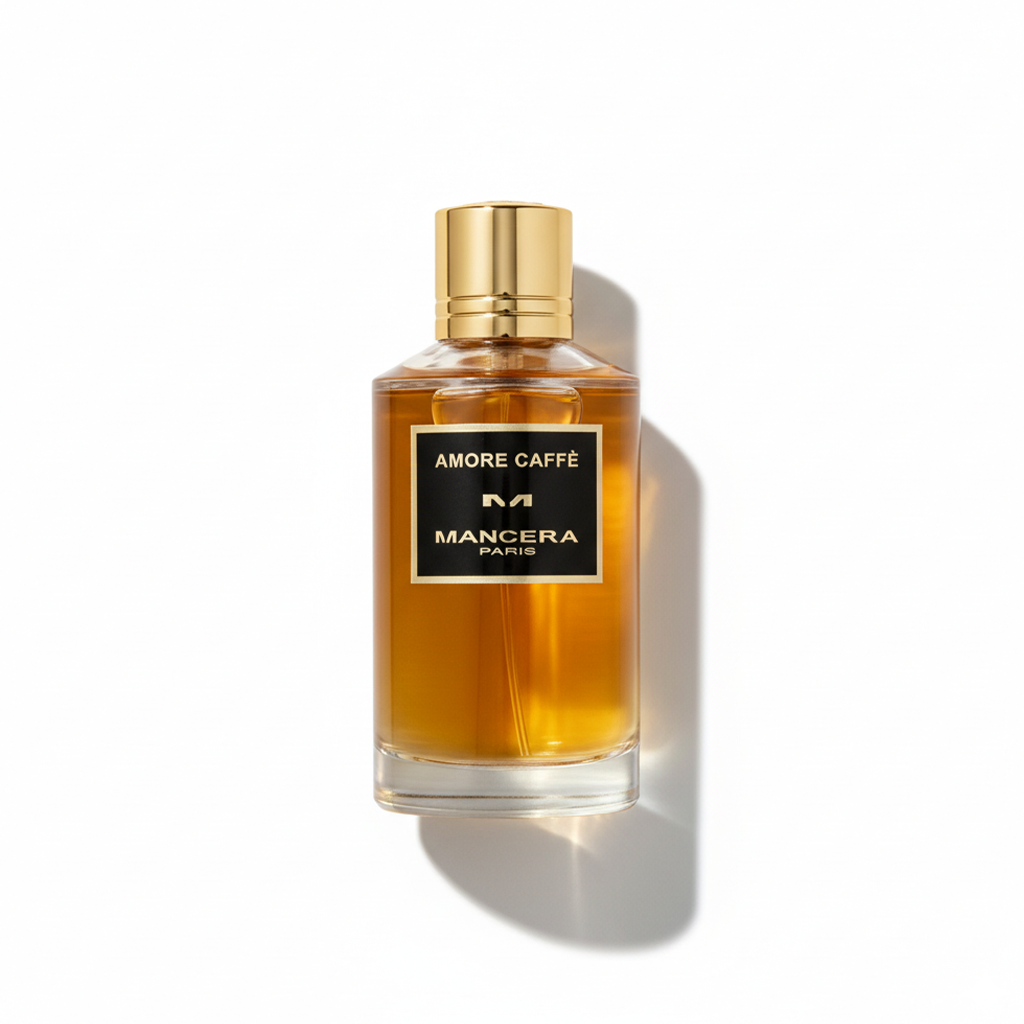 Bottle of Mancera Amore Caffe EDP fragrance on a white background with soft shadow