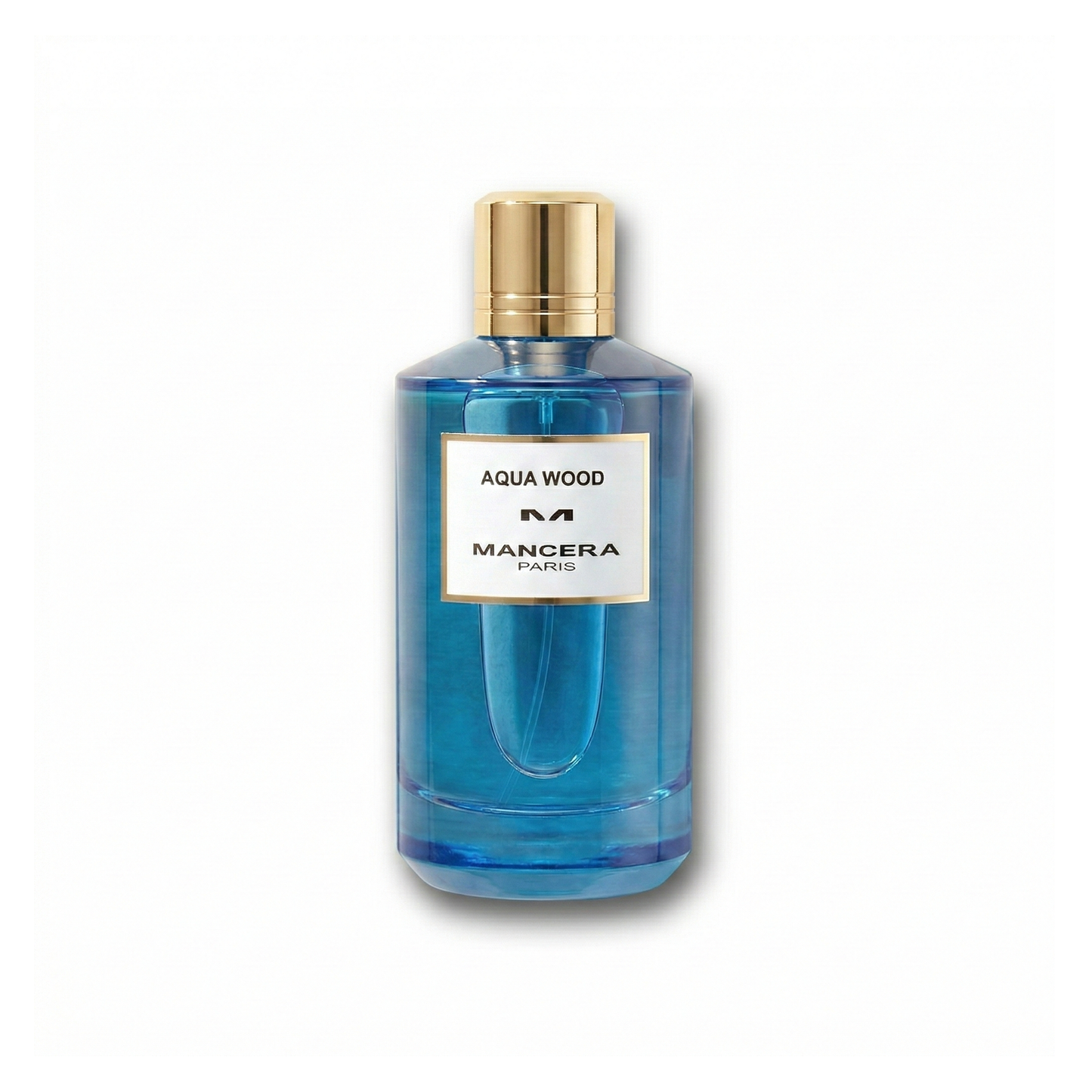 Bottle of Mancera Aqua Wood EDP fragrance on a white background with soft shadow