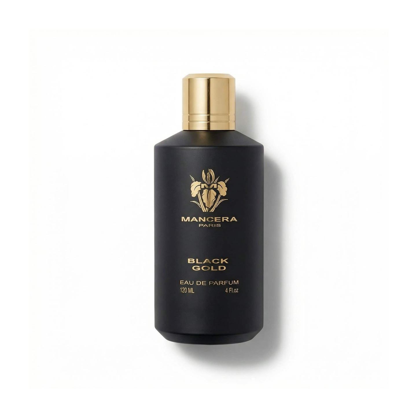 Bottle of Mancera Black Gold EDP fragrance on a white background with soft shadow