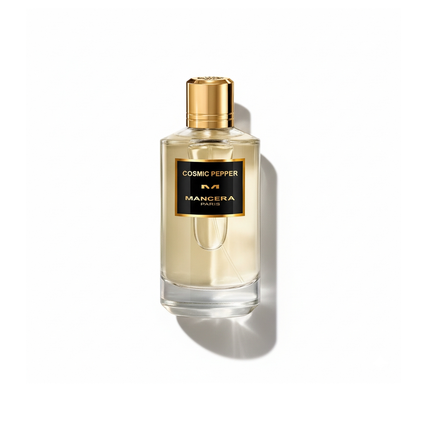 Bottle of Mancera Cosmic Pepper EDP fragrance on a white background with soft shadow