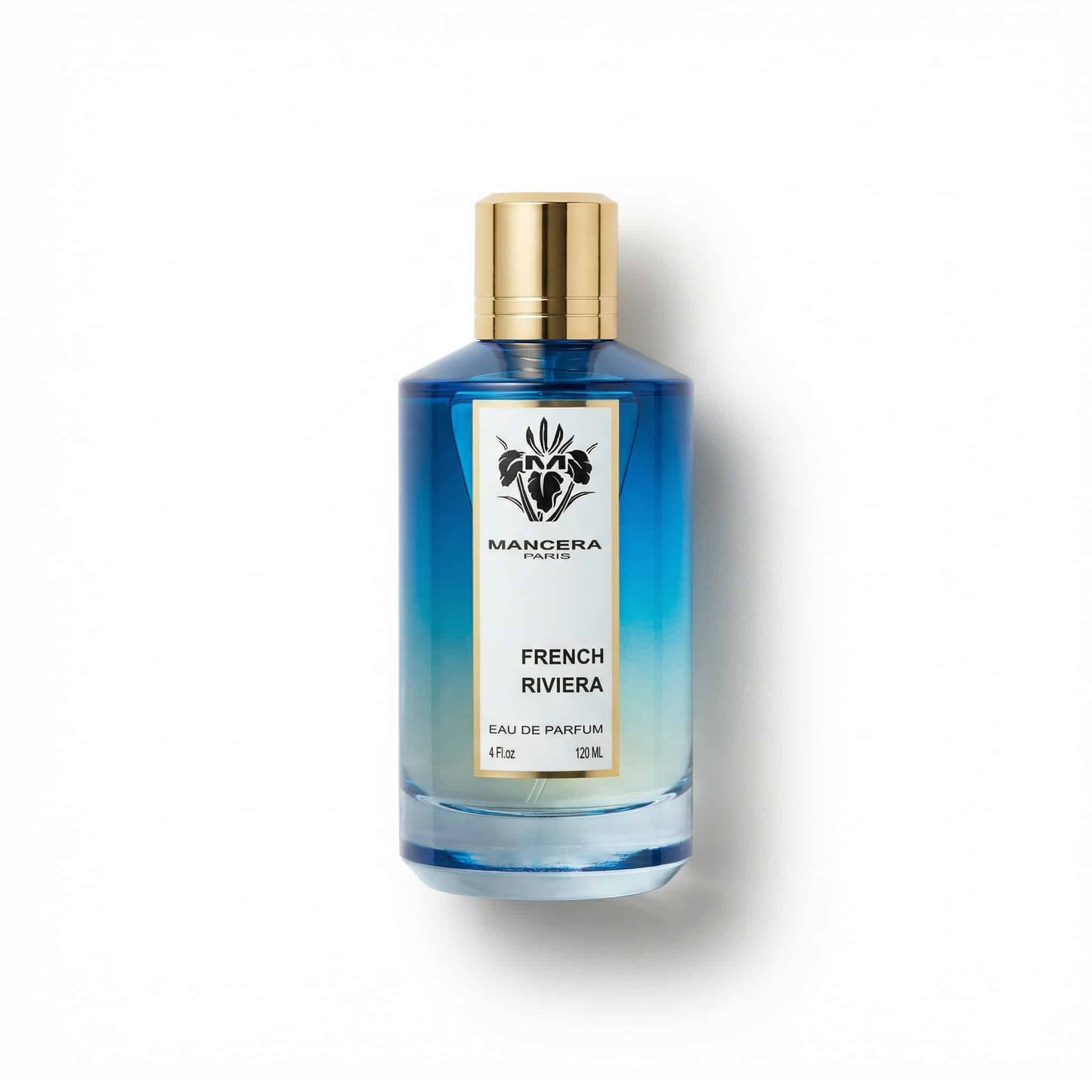 Bottle of Mancera French Riviera EDP fragrance on a white background with soft shadow