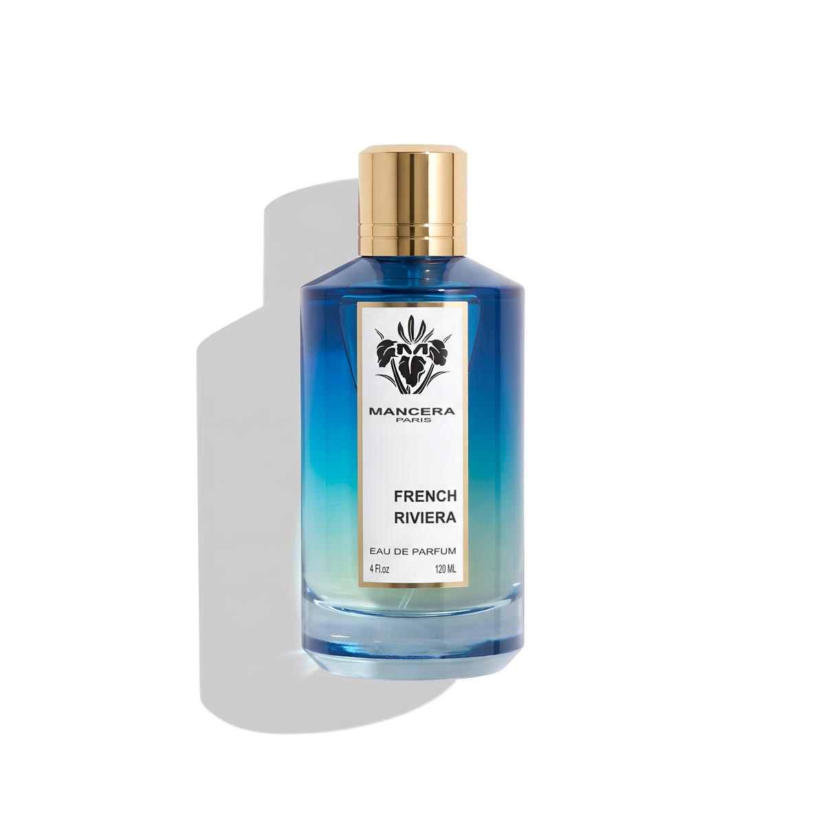 Bottle of Mancera French Riviera EDP fragrance on a white background with soft shadow