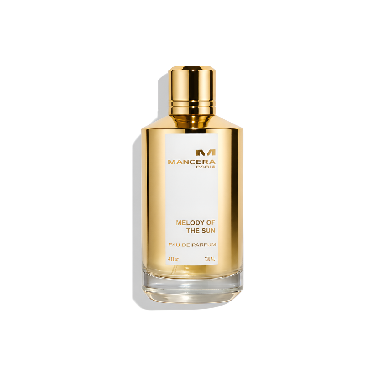 Bottle of Mancera Melody of the Sun EDP fragrance on a white background with soft shadow