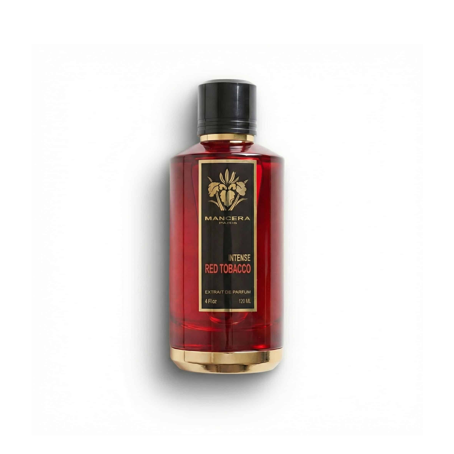 Bottle of Mancera Red Tobacco Intense Extrait fragrance on a white background with soft shadow