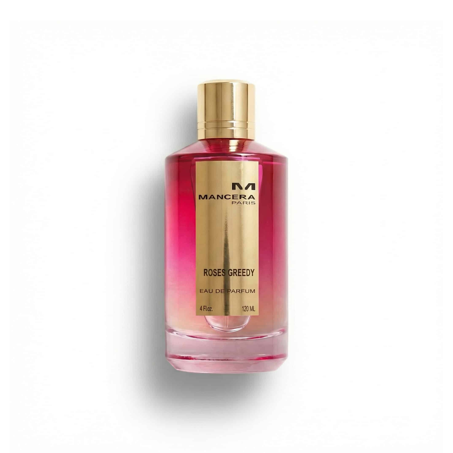 Bottle of Mancera Roses Greedy EDP fragrance on a white background with soft shadow