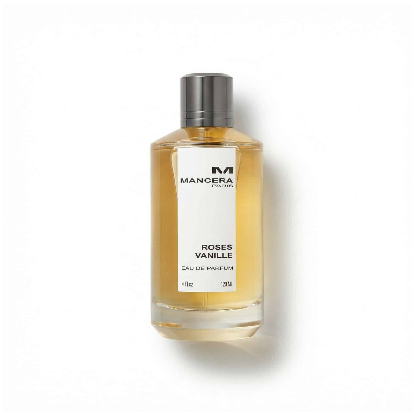 Bottle of Mancera Roses Vanille EDP fragrance on a white background with soft shadow