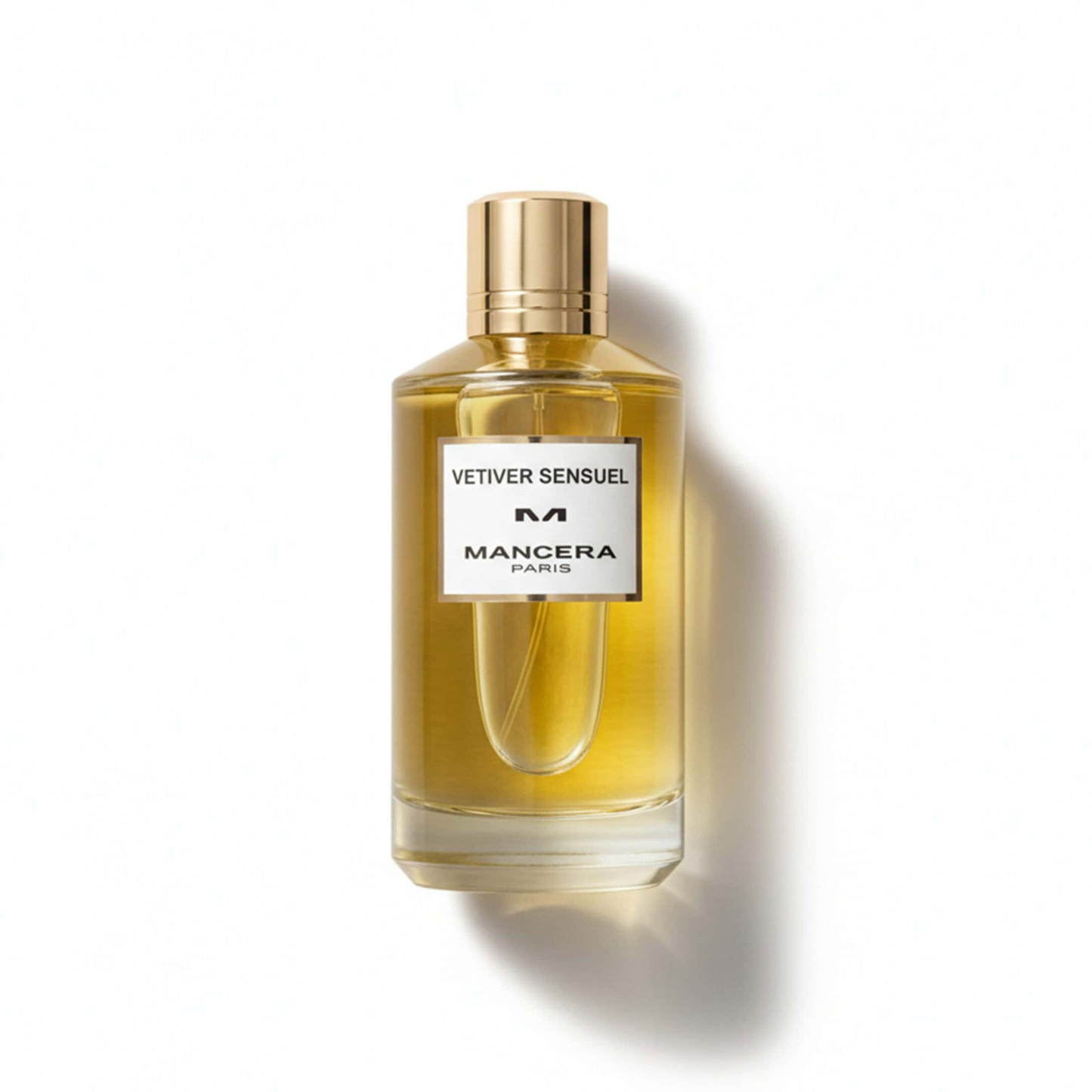 Bottle of Mancera Vetiver Sensuel EDP fragrance on a white background with soft shadow