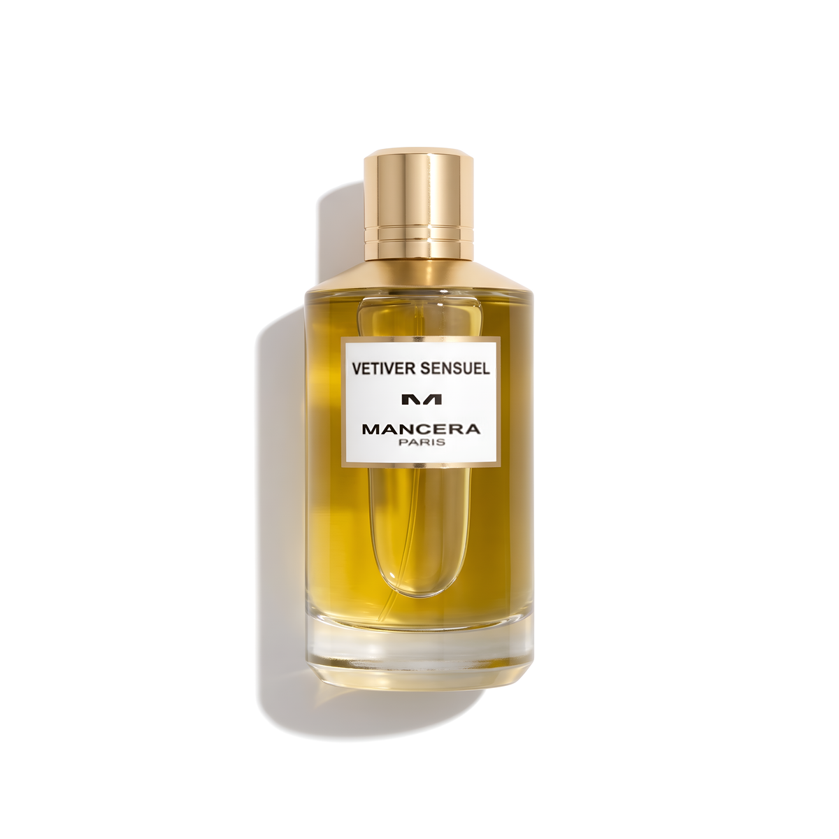 Bottle of Mancera Vetiver Sensuel EDP fragrance on a white background with soft shadow