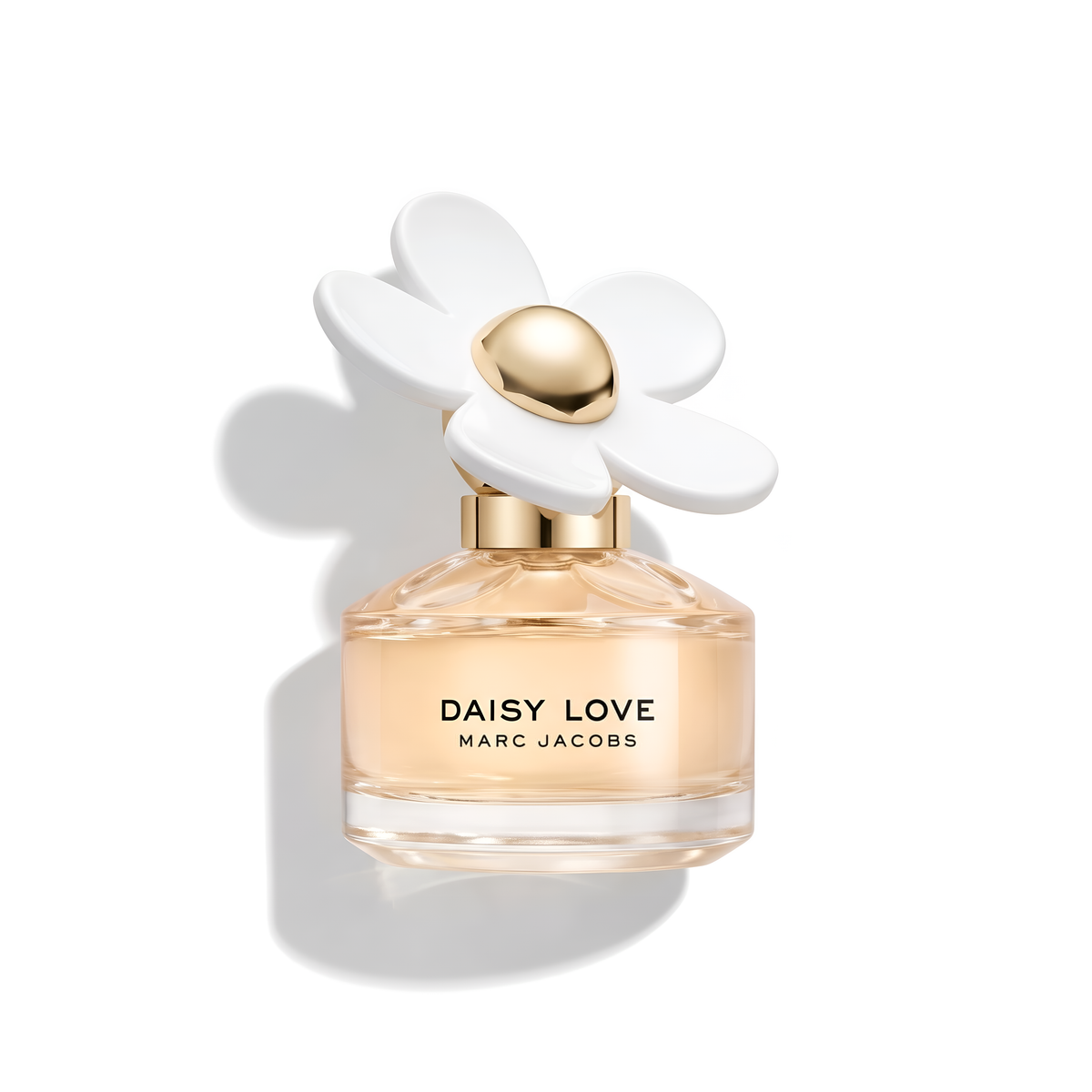 Bottle of Marc Jacobs Daisy Love EDT fragrance on a white background with soft shadow
