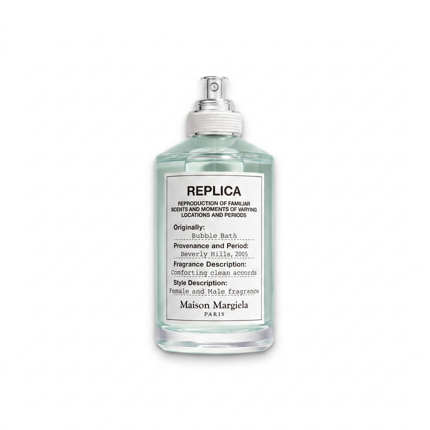Bottle of Margiela Bubble Bath EDT fragrance on a white background with soft shadow