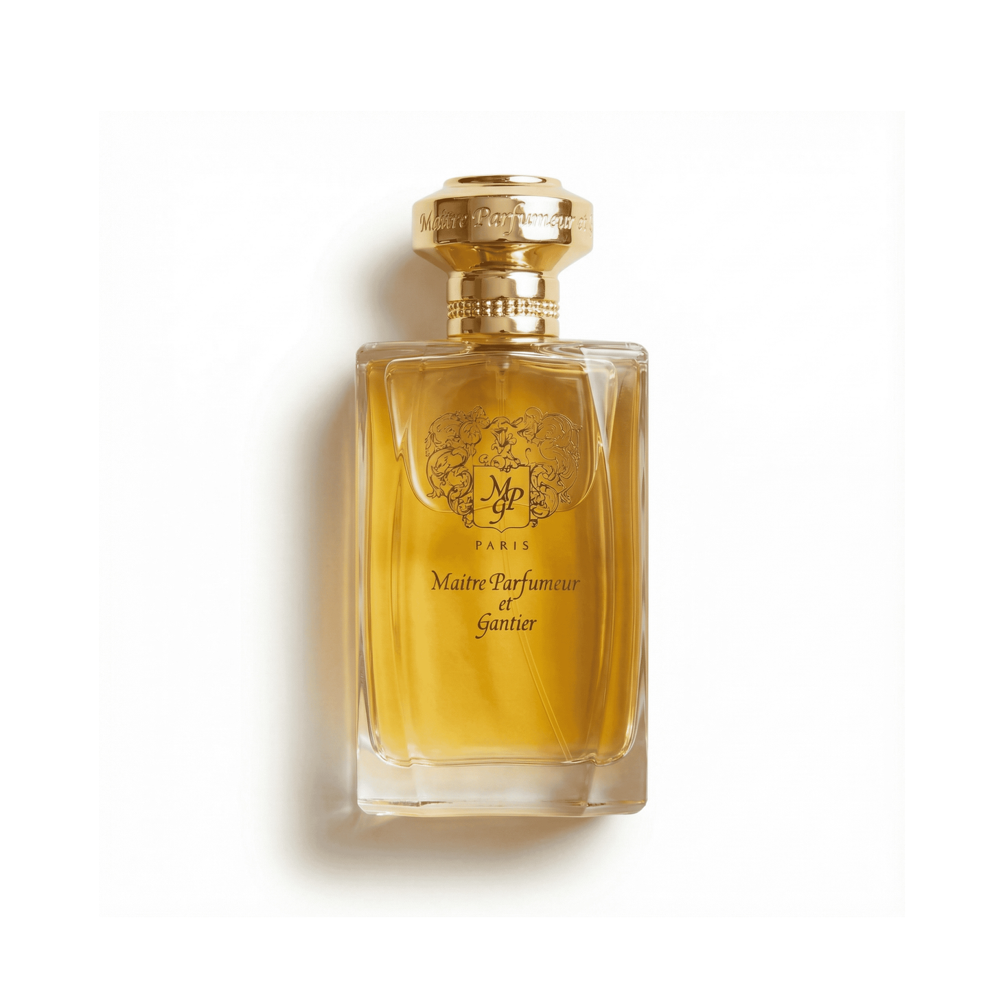Bottle of Maître Parfumeur et Gantier Ambre Precieux EDP fragrance on a white background with soft shadow