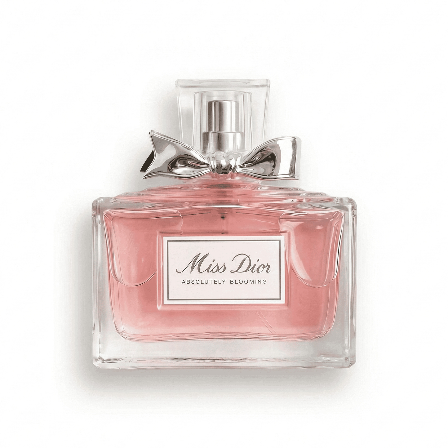 Bottle of Miss Dior Absolutely Blooming EDP fragrance on a white background with soft shadow