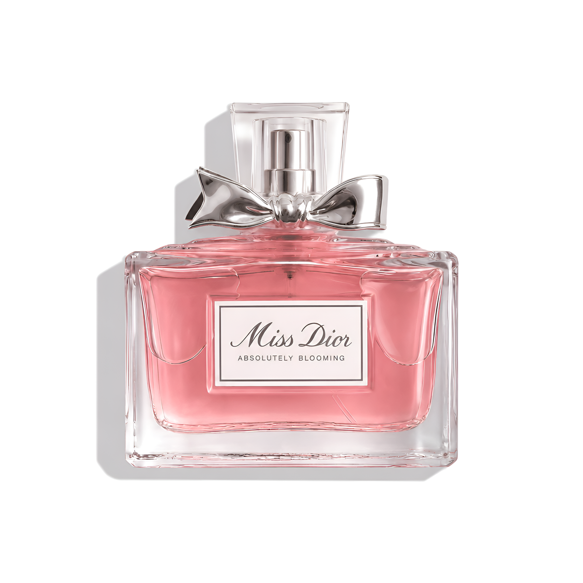 Bottle of Miss Dior Absolutely Blooming EDP fragrance on a white background with soft shadow