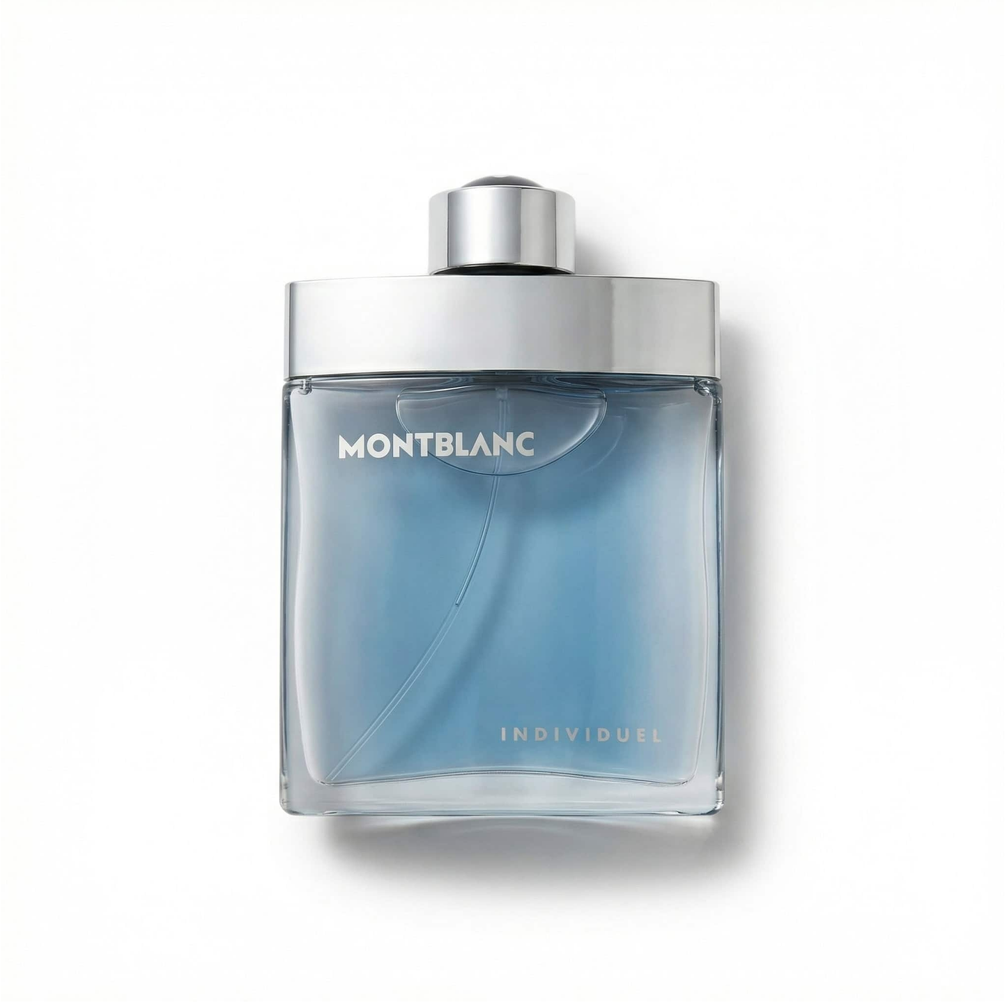 Bottle of MontBlanc Individuel EDT fragrance on a white background with soft shadow