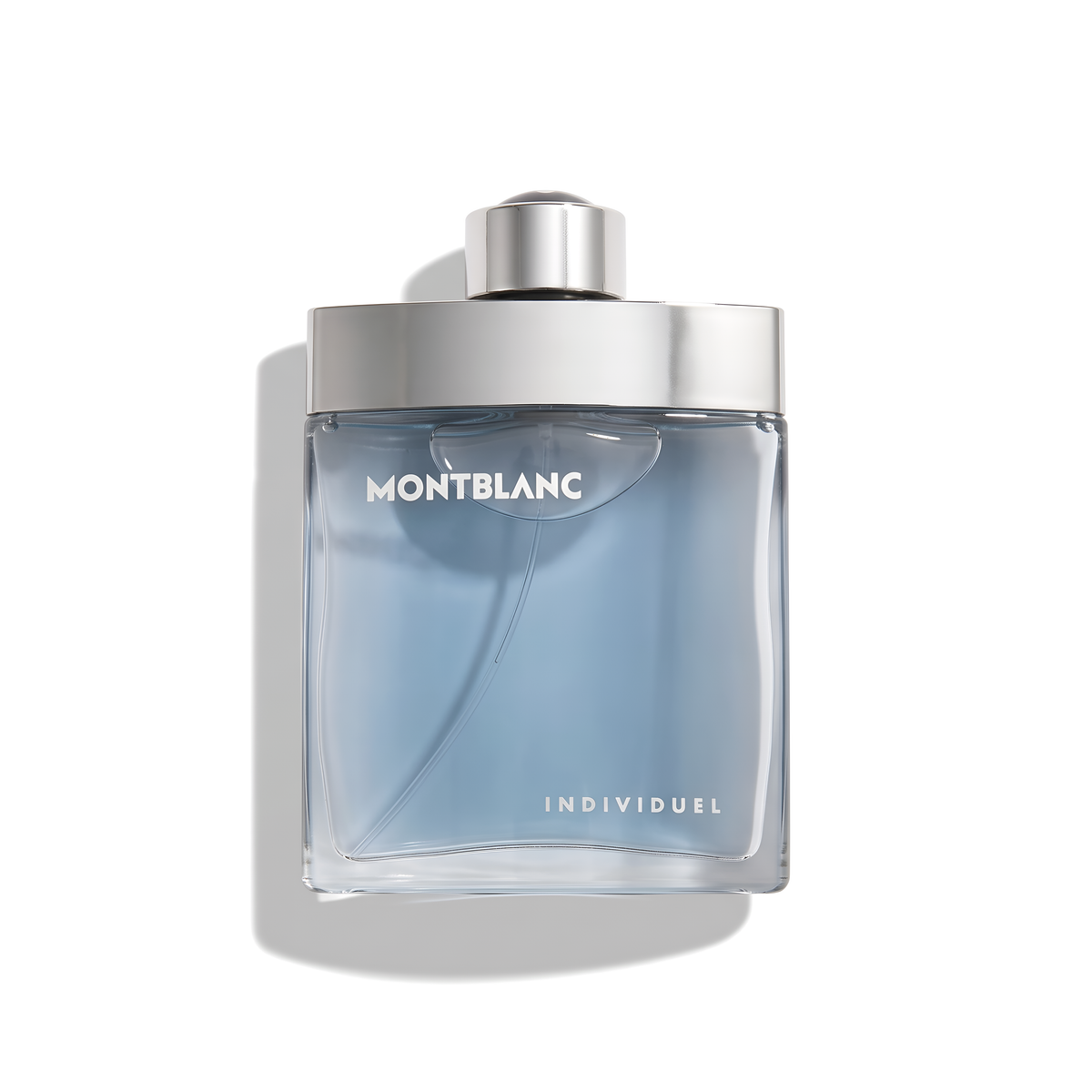 Bottle of MontBlanc Individuel EDT fragrance on a white background with soft shadow