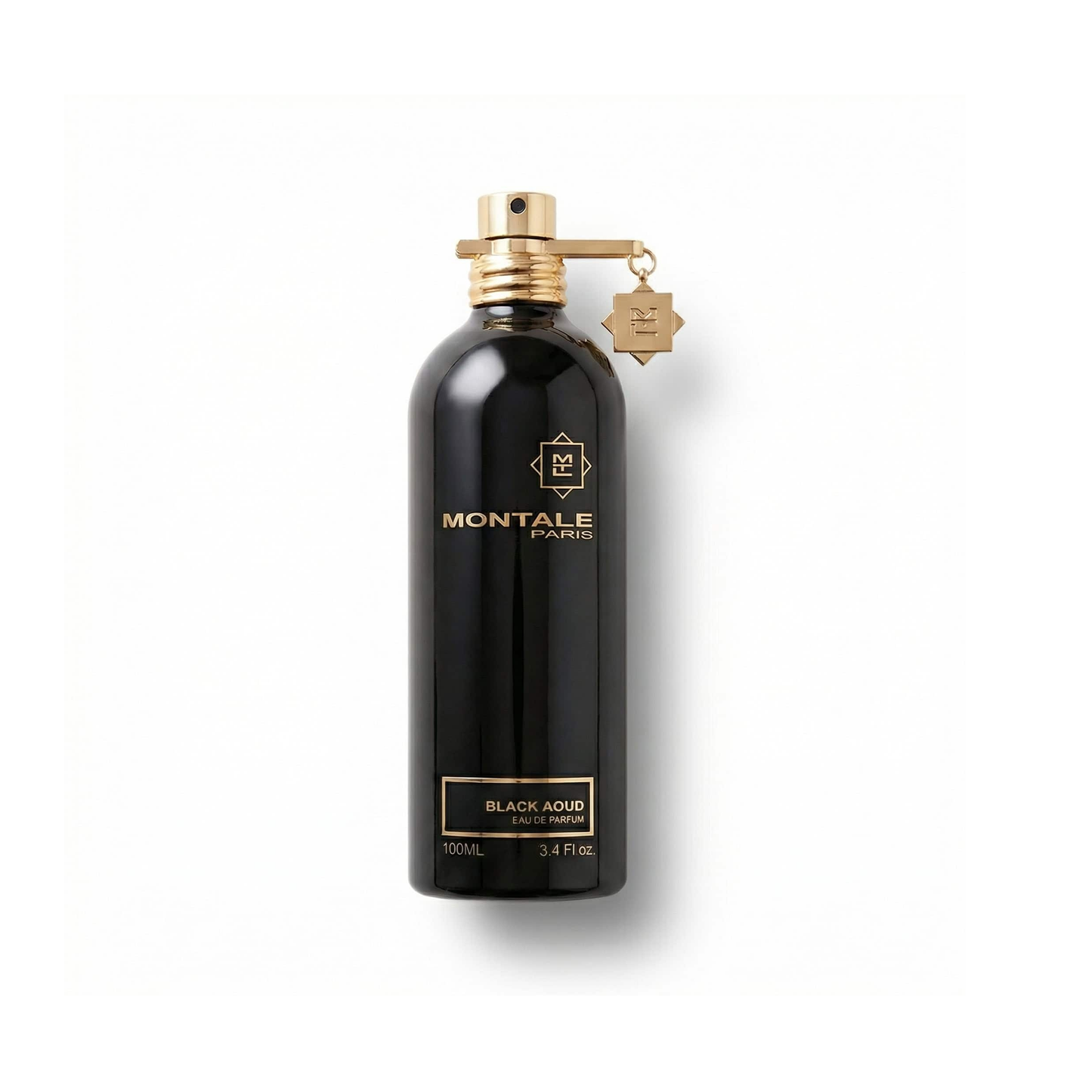Bottle of Montale Black Aoud EDP fragrance on a white background with soft shadow