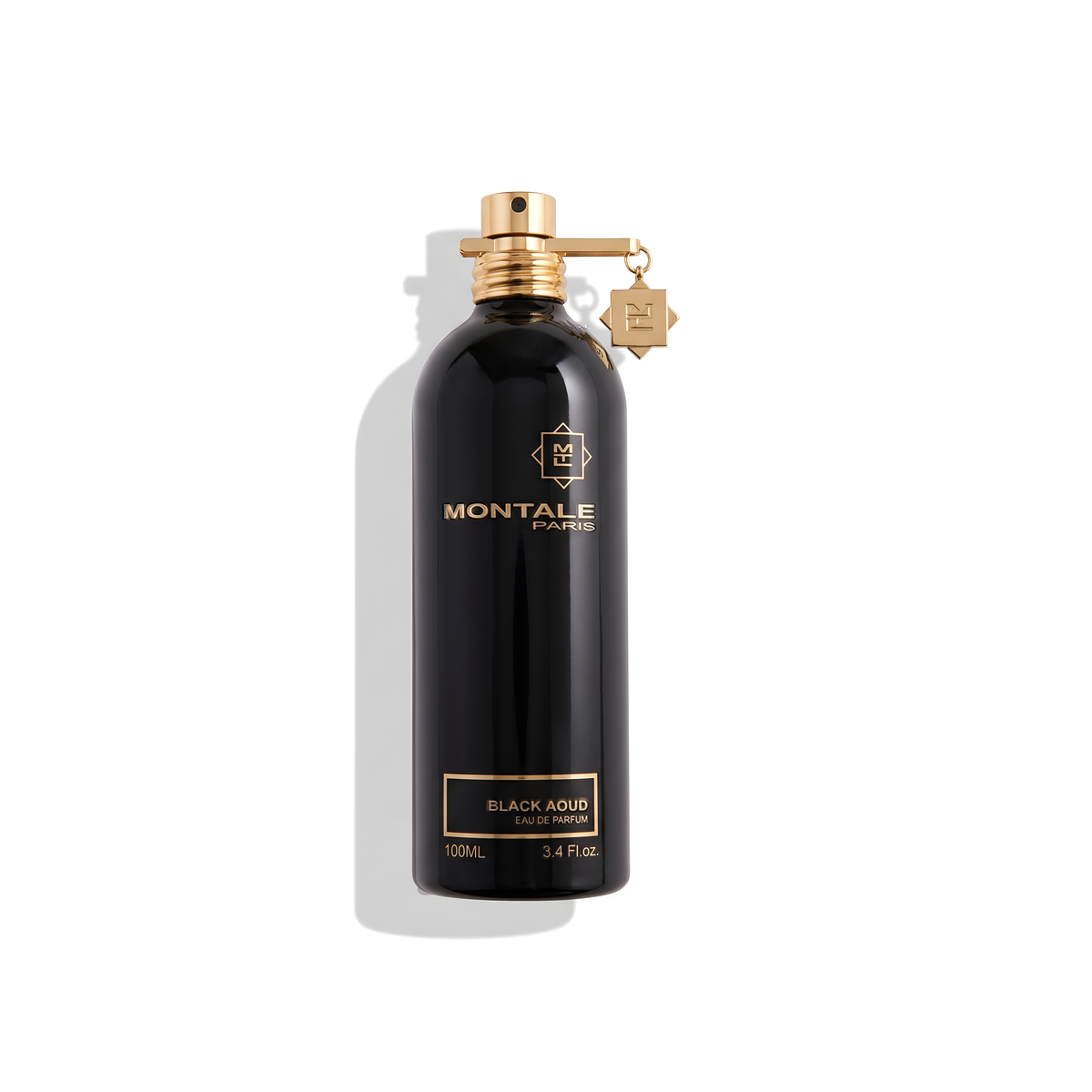 Bottle of Montale Black Aoud EDP fragrance on a white background with soft shadow