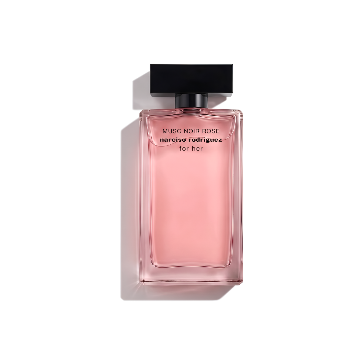 Bottle of Narciso Musc Noir Rose EDP fragrance on a white background with soft shadow