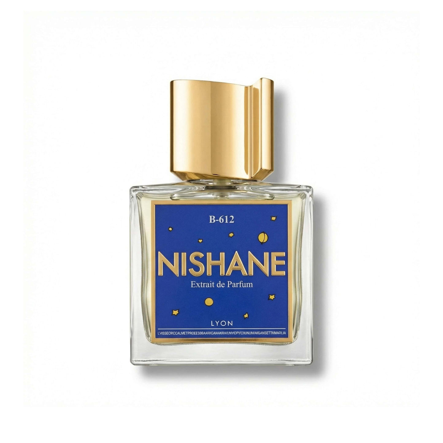 Bottle of Nishane B-612 Parfum fragrance on a white background with soft shadow