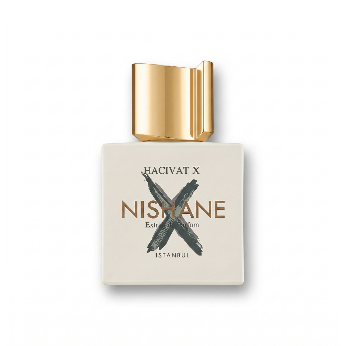Bottle of Nishane Hacivat X Extrait fragrance on a white background with soft shadow